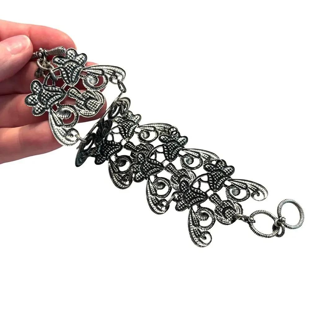 Vintage Premier Designs Wide Silver Panel Chain Bracelet textured ornate Boho